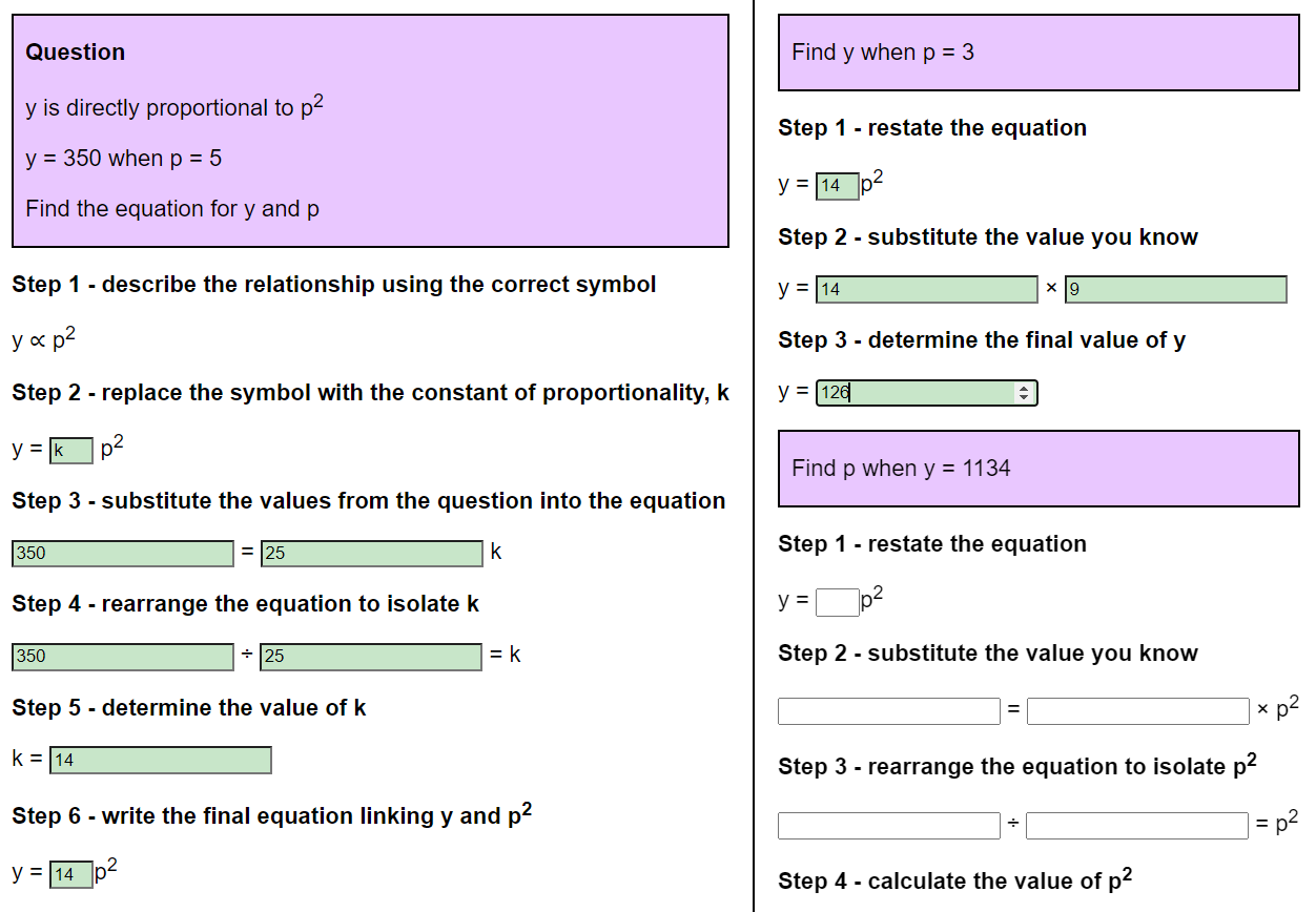 Direct proportion to suares worksheet