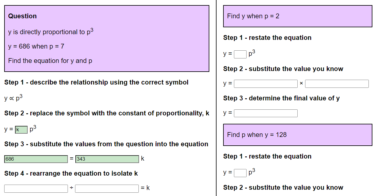 Scaffolded direct proportion to the cube worksheet