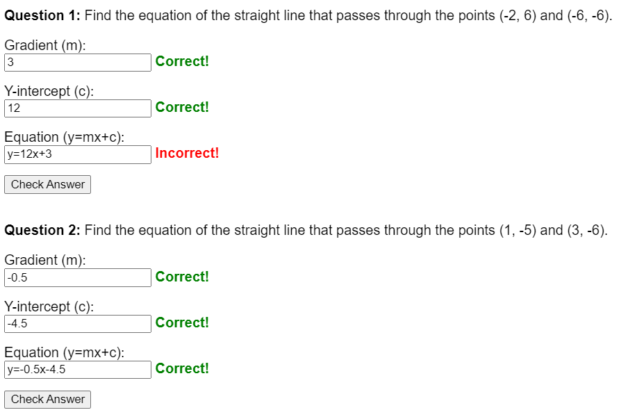 Equation of a straight line connecting two coordinates worksheet