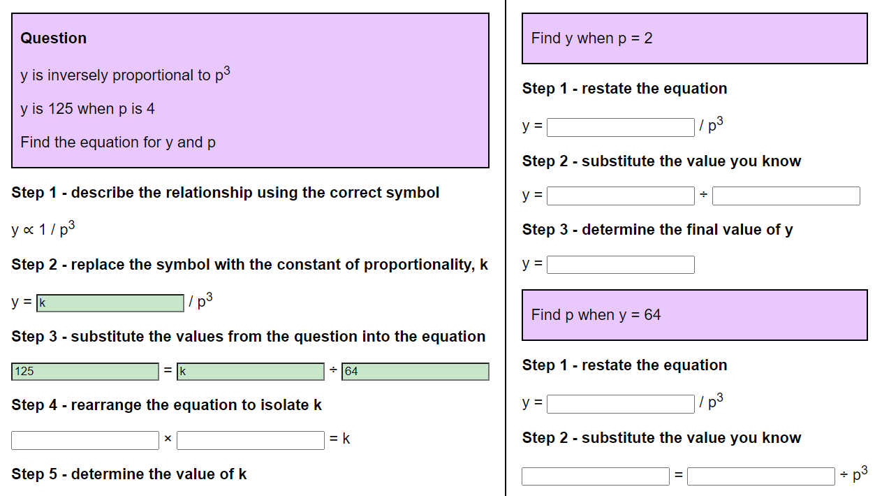 Inverse proportion to the cube worksheet