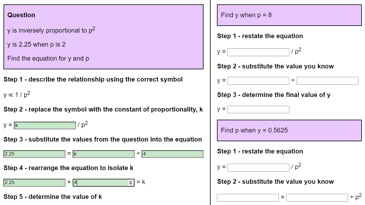 Inverse proportion to the square worksheet