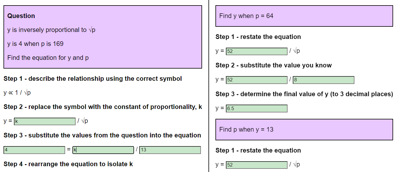 Inverse proportion to the square root worksheet