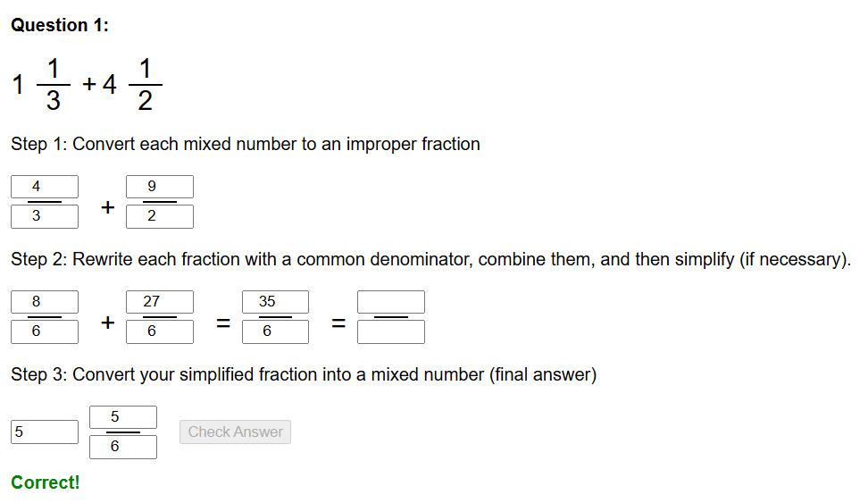 Mixed number fractions worksheet